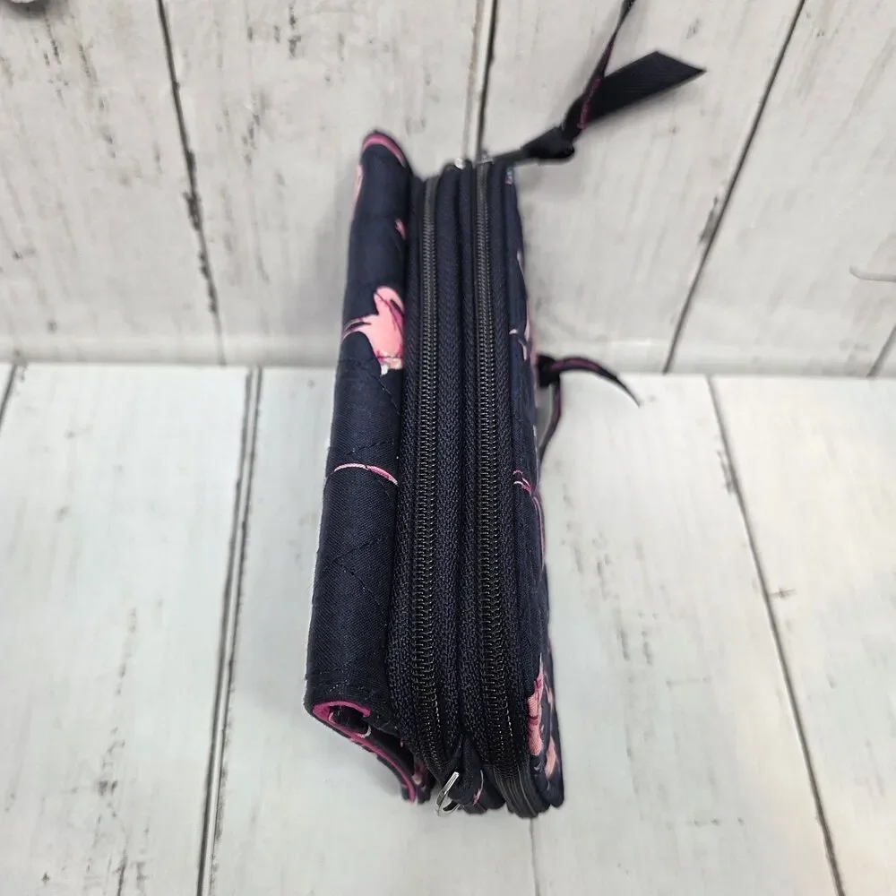 Vera Bradley Pink Flamingo Quilted Wallet Navy Blue RFID Multi Compartment GUC